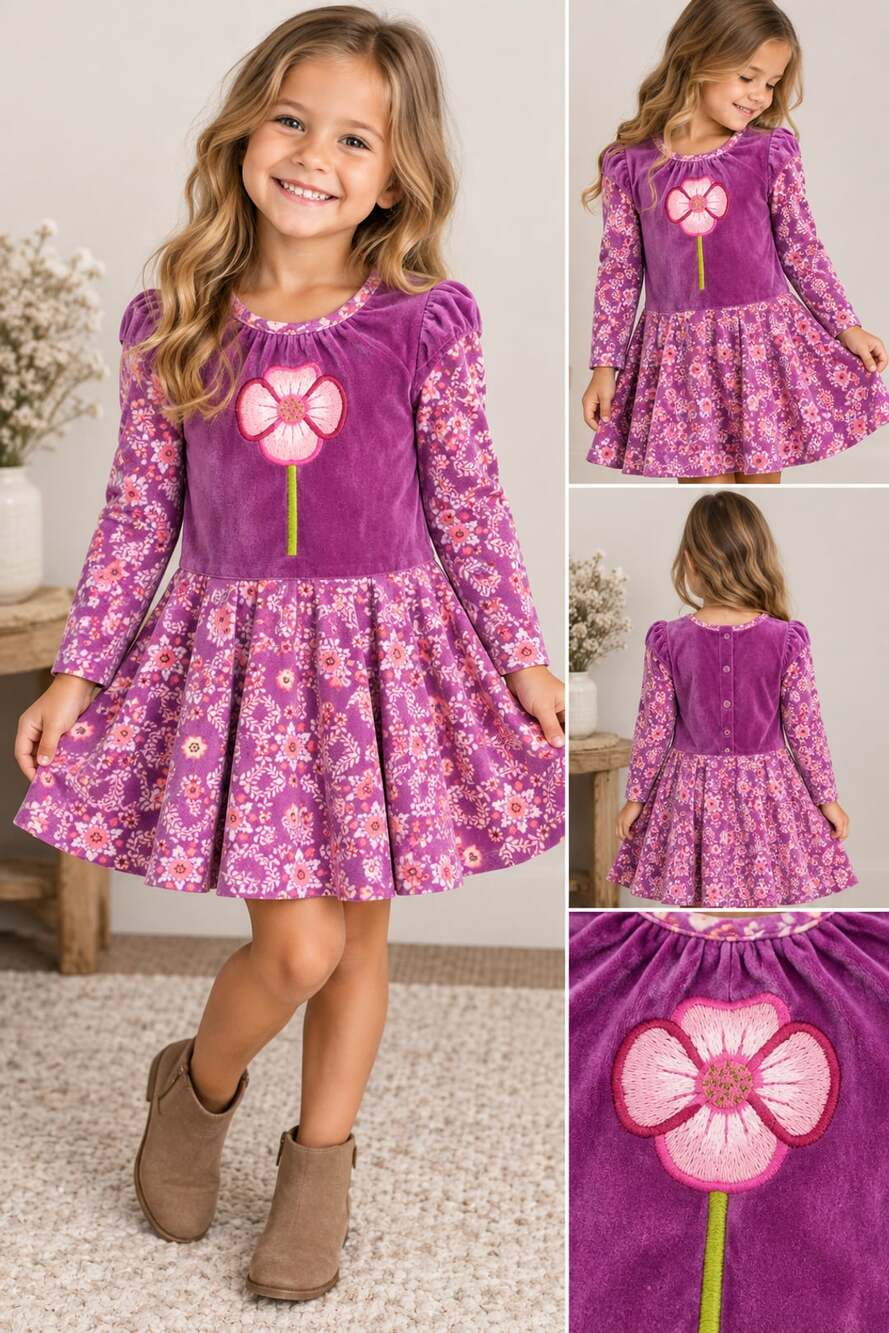 Baby Lulu by Erin Murphy Purple Velour Floral Applique Long Sleeve Dress Size 6